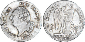 PÉRIODE RÉVOLUTIONNAIRE
15 SOLS type "FRANÇOIS"
1792 Q - TTB 35 (TTB)
Ancre - Très Rare !!


G 36, R 40, KM# 604
PERPIGNAN - ARGENT - 
 ------...