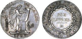 PÉRIODE RÉVOLUTIONNAIRE
ÉCU de 6 livres (convention) type "FRANÇAISE"
1793 BB - TTB 45 (TTB++)
Rarissime !!! - faiblesses


G 59, R 79, Dav# 133...