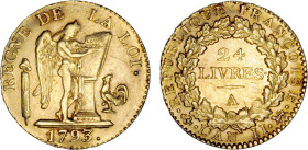 PÉRIODE RÉVOLUTIONNAIRE
24 LIVRES type de la convention
1793 A - SUP 50 (SUP-)
Très Rare !!


G 62, R 81, KM# 626, Fr# 478
PARIS - OR - 7,63g
...