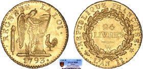 PÉRIODE RÉVOLUTIONNAIRE
24 LIVRES type de la convention
1793 W - SPL 62 (SUP++)
Très Rare !! - PCGS MS62, infime paillage


G 62, R 81, KM# 626,...