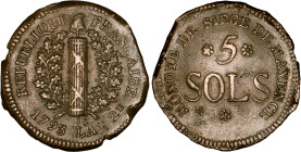 PÉRIODE RÉVOLUTIONNAIRE
5 SOLS, siège de Mayence
1793 - TTB 45 (TTB++)



G 67, KM# German states, Mainz 603
MAYENCE - BRONZE - 21,02g
 ------...