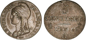 5 CENTIMES
5 CENTIMES, petit module
AN 4 A - SUP 55 (SUP)
léger paillage


G 124, F 113, KM# 635
PARIS - BRONZE - 
 --------------------------...