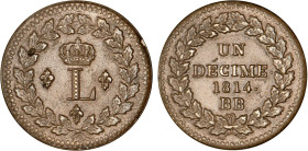 DÉCIME, 10 CENTIMES
UN DÉCIME Louis XVIII (Strasbourg)
1814 BB - SUP 55 (SUP)
Avec points - léger paillage


G 196, F 132, KM# 701
STRASBOURG -...