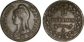 2 DÉCIMES, 20 CENTIMES
2 DÉCIMES
AN 4 A - SPL 60 (SUP+)
Rare en l'état !


G 300, F 145, KM# 638
PARIS - BRONZE - 
 --------------------------...