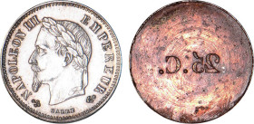 2 DÉCIMES, 20 CENTIMES
20 CENT. Napoléon III, tête laurée au revers du type tête nue, cliché uniface en bronze argenté
 - SPL 61 (SUP+)
Avers, "25....