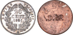 2 DÉCIMES, 20 CENTIMES
20 CENT. Napoléon III, tête laurée au revers du type tête nue, cliché uniface en bronze argenté
1861 E - SPL 62 (SUP++)
Reve...