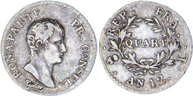 1/4 FRANC, 25 CENTIMES
QUART (de franc) Bonaparte, Ier consul
AN12 L - TTB 35 (TTB)
Rare !


G 342, F 157, KM# 653
BAYONNE - ARGENT - 
 ------...
