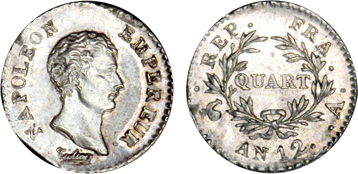 1/4 FRANC, 25 CENTIMES
QUART (de franc) Napoléon empereur (calendrier révolutio...