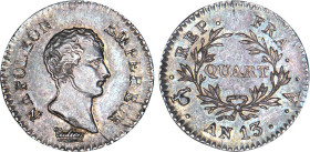 1/4 FRANC, 25 CENTIMES
QUART (de franc) Napoléon empereur (calendrier révolutionnaire)
AN13 A - SPL 62 (SUP++)
Rare en l'état ! - infime ajustage
...