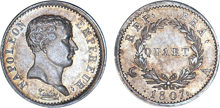 1/4 FRANC, 25 CENTIMES
QUART (de franc) type tête de nègre
1807 A - SUP 59 (SU...