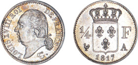 1/4 FRANC, 25 CENTIMES
1/4 F, Louis XVIII
1817 A - SPL 62 (SUP++)
légèrement nettoyé


G 352, F 163, KM# 714
PARIS - ARGENT - 
 --------------...