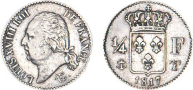 1/4 FRANC, 25 CENTIMES
1/4 F, Louis XVIII
1817 T - TTB 30 (TTB-)
Rare ! - légèrement nettoyé


G 352, F 163, KM# 714
NANTES - ARGENT - 
 -----...