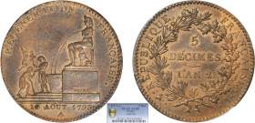 1/2 FRANC, 50 CENTIMES
5 DECIMES l'an 2 de la République
AN 2 A - SUP 59 (SUP)
PCGS AU58


G 390, F 172A
PARIS - BRONZE - 
 ------------------...