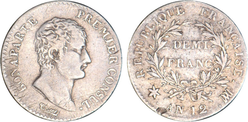 1/2 FRANC, 50 CENTIMES
DEMI FRANC Bonaparte, Ier consul
AN12 MA - TTB 35 (TTB)...