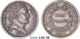 1/2 FRANC, 50 CENTIMES
DEMI FRANC au revers République Française
1807 A - SUP 50 (SUP-)
Rare surtout en l'état !, GENI AU50


G 398, F 177, KM# ...