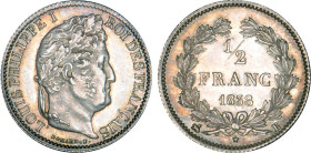 1/2 FRANC, 50 CENTIMES
1/2 FRANC Louis-Philippe
1838 B - SPL 63 (SUP++)
Rare surtout en l'état !


G 408, F 182, KM# 741
ROUEN - ARGENT - 2,53g...