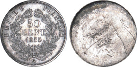 1/2 FRANC, 50 CENTIMES
50 CENT. Napoléon III, tête nue
1855 A - SPL 61 (SUP+)
Épreuve uniface de Revers - Rare !


G 414, F 187, KM# 794
PARIS ...