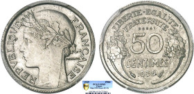 1/2 FRANC, 50 CENTIMES
50 CENTIMES type Morlon (cuivre aluminium)
1939 - SPL 63 (SUP++)
ESSAI nickel, Tr. striée, PCGS SP65


G 423, F 192, KM# ...