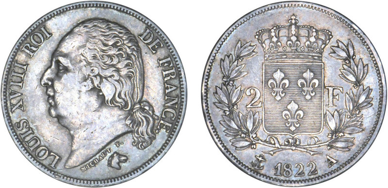 2 FRANCS
2 F, Louis XVIII
1822 A - TTB 45 (TTB++)
infime coup listel


G 5...