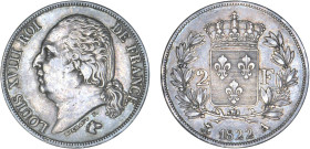2 FRANCS
2 F, Louis XVIII
1822 A - TTB 45 (TTB++)
infime coup listel


G 513, F 257, KM# 710
PARIS - ARGENT - 
 ------------------------------...