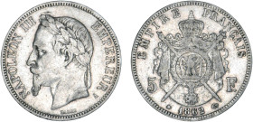 5 FRANCS
5 FRANCS Napoléon III, tête laurée
1862 A - TTB 35 (TTB)
Rare ! - légèrement nettoyé


G 739, F 331, KM# 799
PARIS - ARGENT - 
 -----...