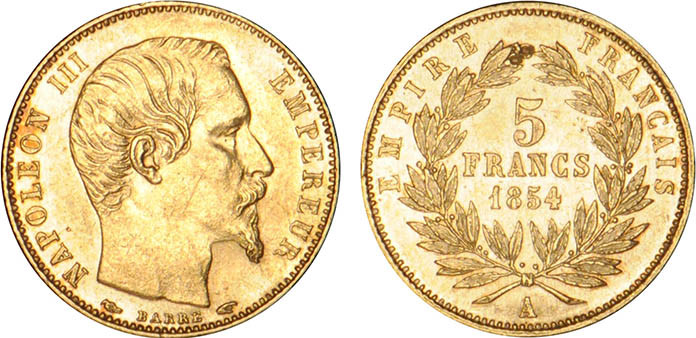5 FRANCS OR
5 FRANCS or, Napoléon III tête nue, petit module, tranche cannelée...
