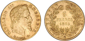5 FRANCS OR
5 FRANCS or, Napoléon III tête laurée
1865 BB - TTB 45 (TTB++)
infime ajustage listel


G 1002, F 502, KM# 803
STRASBOURG - OR - 
...