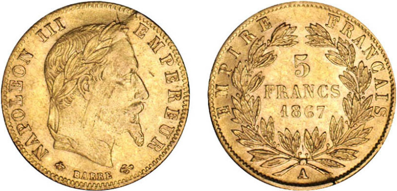 5 FRANCS OR
5 FRANCS or, Napoléon III tête laurée
1867 A - SUP 50 (SUP-)
grif...