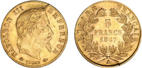 5 FRANCS OR
5 FRANCS or, Napoléon III tête laurée
1867 A - SUP 50 (SUP-)
griffures


G 1002, F 502, KM# 803
PARIS - OR - 
 -------------------...