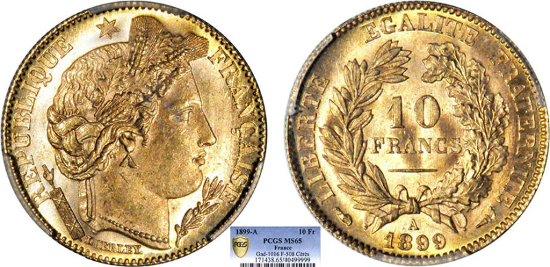 10 FRANCS OR
10 FRANCS or, type Cérès (IIIe République)
1899 A - FDC 65 (FDC)...