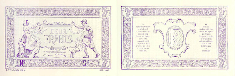 BILLETS DU TRÉSOR & ÉMISSIONS PROVISOIRES
2 FRANCS (Trésorerie aux armées) - 19...