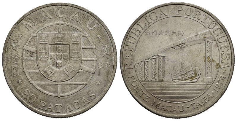 MACAO. Repubblica portoghese Macau. 20 Patacas 1974. Ag 17,80 g. qFDC