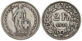 SVIZZERA. 2 Francs 1931. Ag. qBB