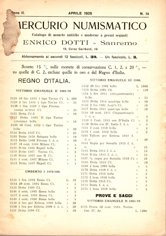 DOTTI E. Mercurio Numismatico Aprile, 1925. listino a prezzi fissi. Monete itali...