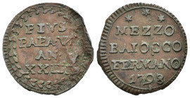 FERMO. Pio VI (1775-1799). 1/2 baiocco 1798. Anno XXIII. Cu. Munt.325. Raro. BB+