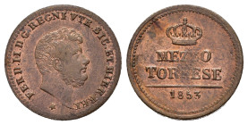NAPOLI. Ferdinando II di Borbone (1830-1859). Mezzo Tornese 1853. Cu. Magliocca 802. FDC