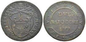 PERUGIA. Pio VI (1775-1799). 2 Baiocchi 1795 anno XXI. AE (36.3 mm - 18.71 g). Stemma a cuore, cimasa con palmetta. Muntoni 394 var. BB