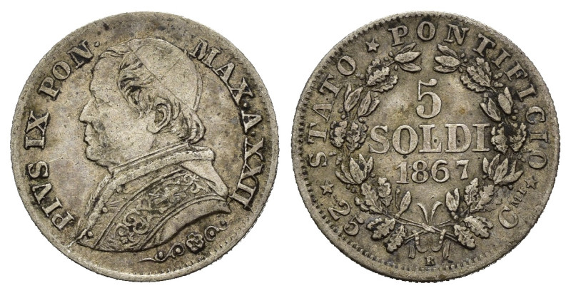 ROMA. Stato Pontificio. Pio IX (1846-1870). 5 soldi 1867 anno XXII. Ag. BB