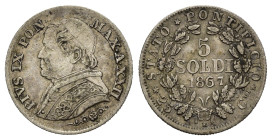 ROMA. Stato Pontificio. Pio IX (1846-1870). 5 soldi 1867 anno XXII. Ag. BB