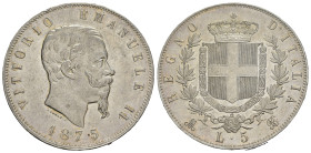 Regno d'Italia. Vittorio Emanuele II. 5 lire 1875 M. Ag. Lieve colpetto al bordo. SPL+