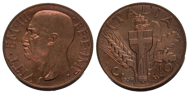 Regno d'Italia. Vittorio Emanuele III. 10 centesimi 1939 Impero. Cu. Gig. 250. F...