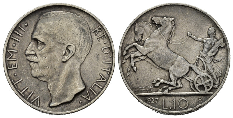 REGNO D'ITALIA. VITTORIO EMANUELE III (1900-1943). 10 LIRE 1927 "BIGA". 2 ROSETT...