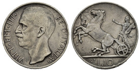 REGNO D'ITALIA. VITTORIO EMANUELE III (1900-1943). 10 LIRE 1927 "BIGA". 2 ROSETTE. Gig. 56 Coniato in argento (AG) (ø 27mm, 10.2g). Conservazione qBB
