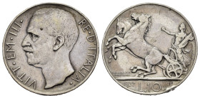 Regno d'Italia. Vittorio Emanuele III (1900-1943). 10 lire 1927 **due rosette "Biga". Gig. 56a. MB