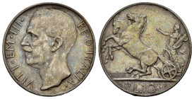 Regno d'Italia. Vittorio Emanuele III (1900-1943). 10 lire 1927 **due rosette "Biga". Gig. 56a. qSPL