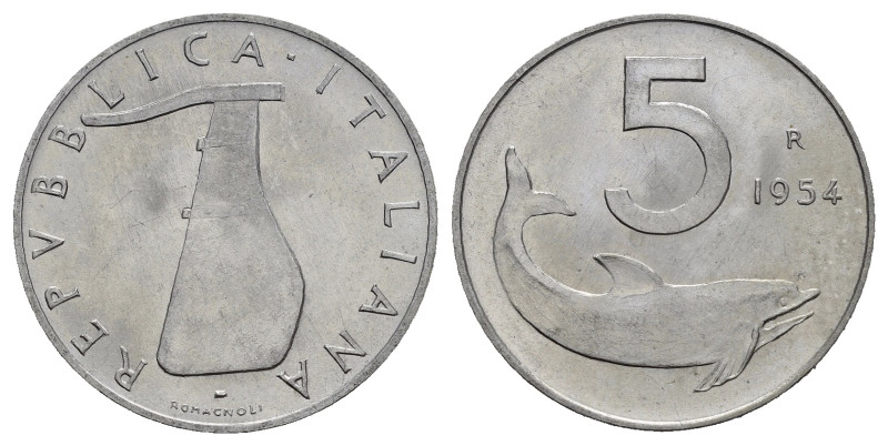 Repubblica Italiana. 5 lire 1954 "delfino" firma distante dal bordo. qFDC