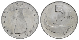 Repubblica Italiana. 5 lire 1954 "delfino" firma distante dal bordo. qFDC