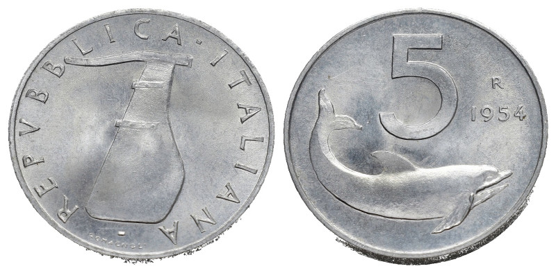Repubblica Italiana. 5 lire 1954 Delfino. Var. Firma distante dal bordo. FDC