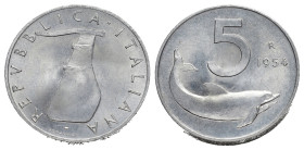 Repubblica Italiana. 5 lire 1954 Delfino. Var. Firma distante dal bordo. FDC