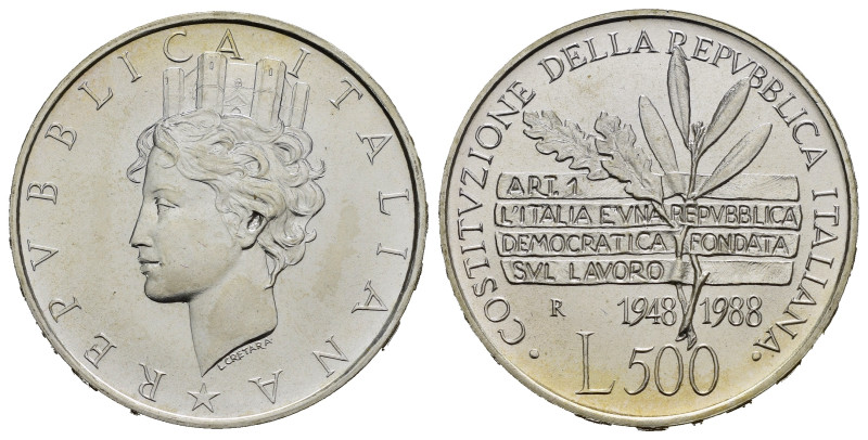 Repubblica Italiana. 500 Lire 1988 "Costituzione". Ag. FDC